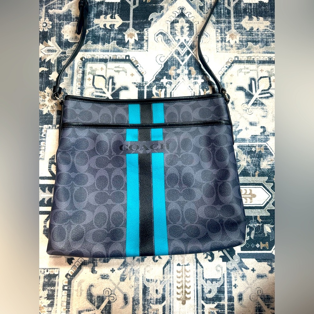 Coach Black Signature Crossbody with Teal Stripe